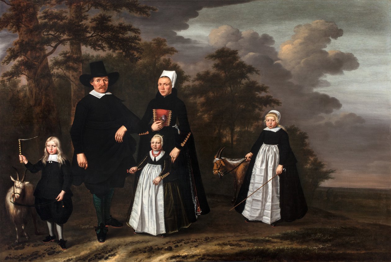 Un gruppo familiare di Enkhuizen con due capre in un paesaggio boscoso da Herman Mijnerts Doncker