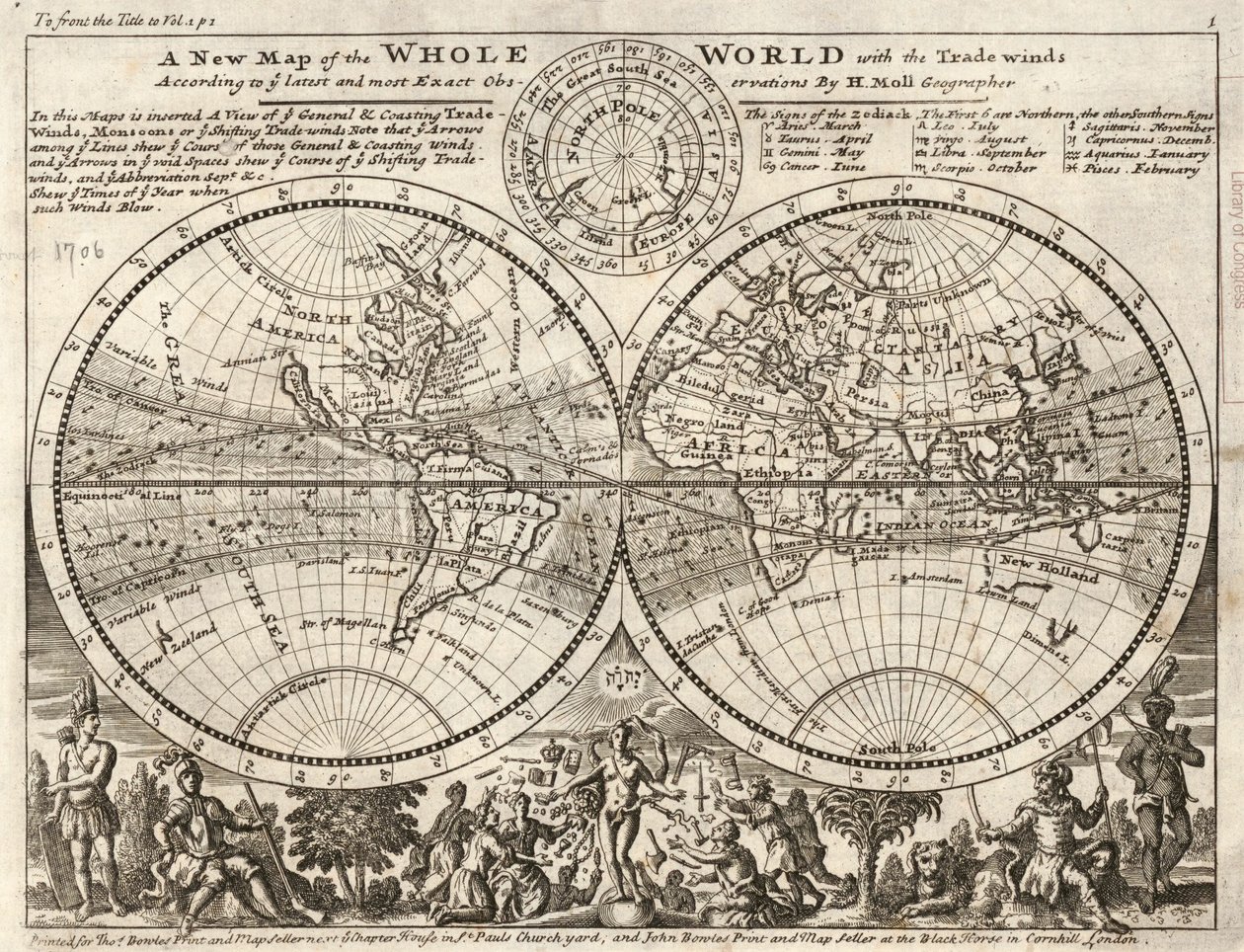 Una nuova mappa del mondo intero con gli alisei secondo le ultime e più precise osservazioni LOC 2017585657 da Herman Moll