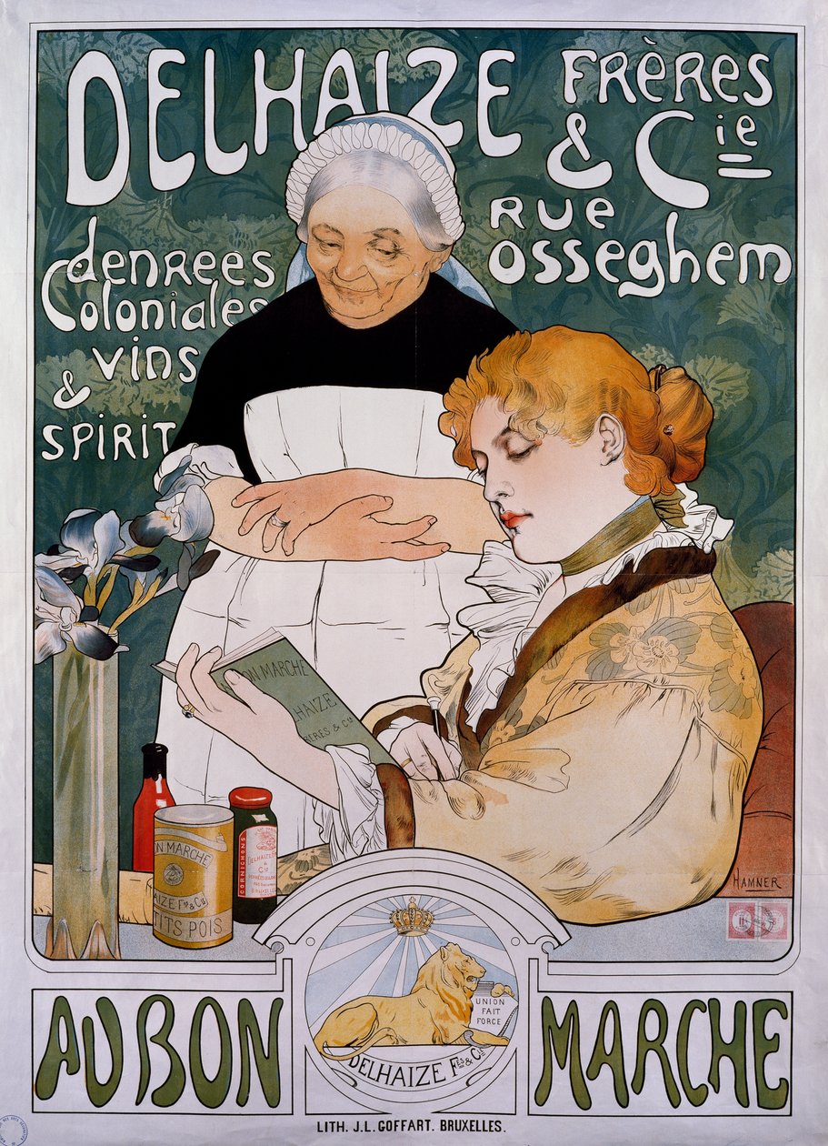 Signora e domestica, poster per la compagnia Delhaize Freres et Cie au bon marche da Herman Richir
