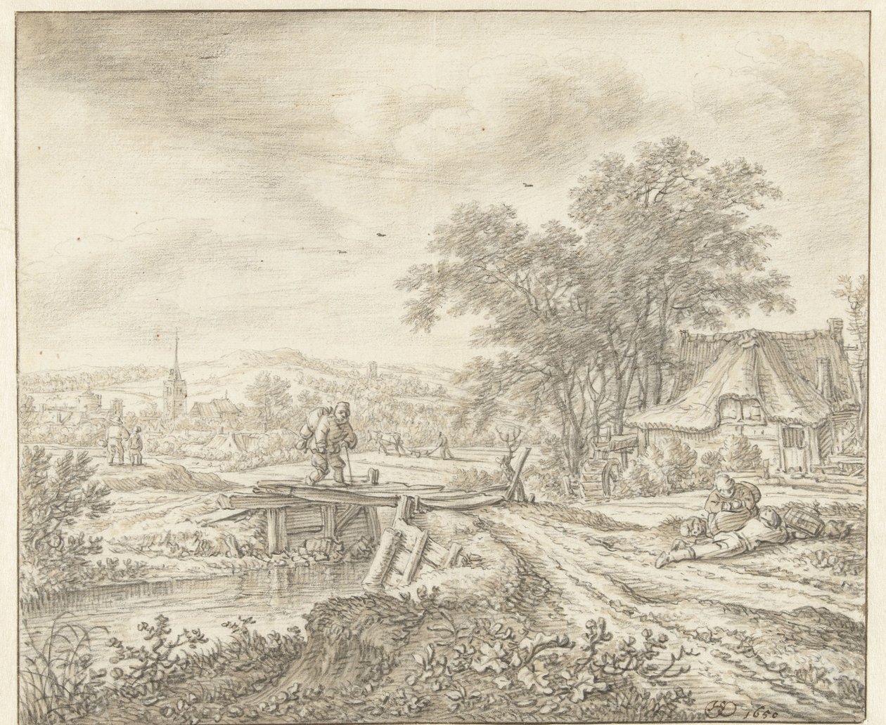 Paesaggio collinare con una fattoria vicino a un ponticello da Herman Saftleven