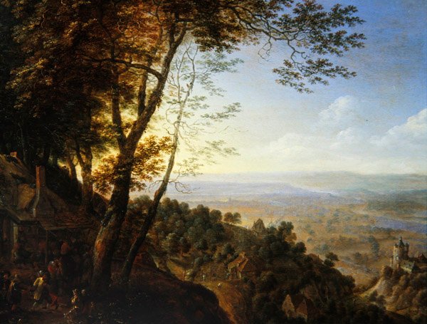 Paesaggio boscoso con contadini vicino a un cottage da Herman the Younger Saftleven