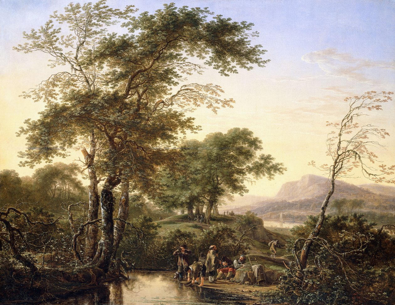 Un ampio paesaggio fluviale italianeggiante con viaggiatori vicino a una pozza, 1646 da Herman the Younger Saftleven