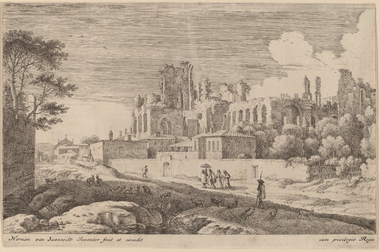 Paesaggio con rovine e donna con parasole da Herman van Swanevelt
