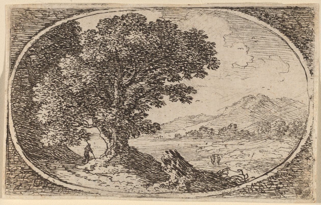 Sentiero a sinistra di un grande albero e un ceppo da Herman van Swanevelt
