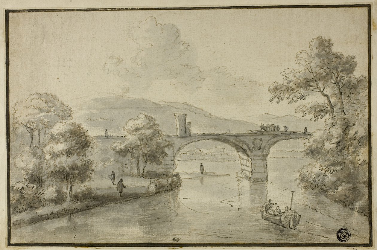 Fiume con ponte ad arco e barca da Herman van Swanevelt