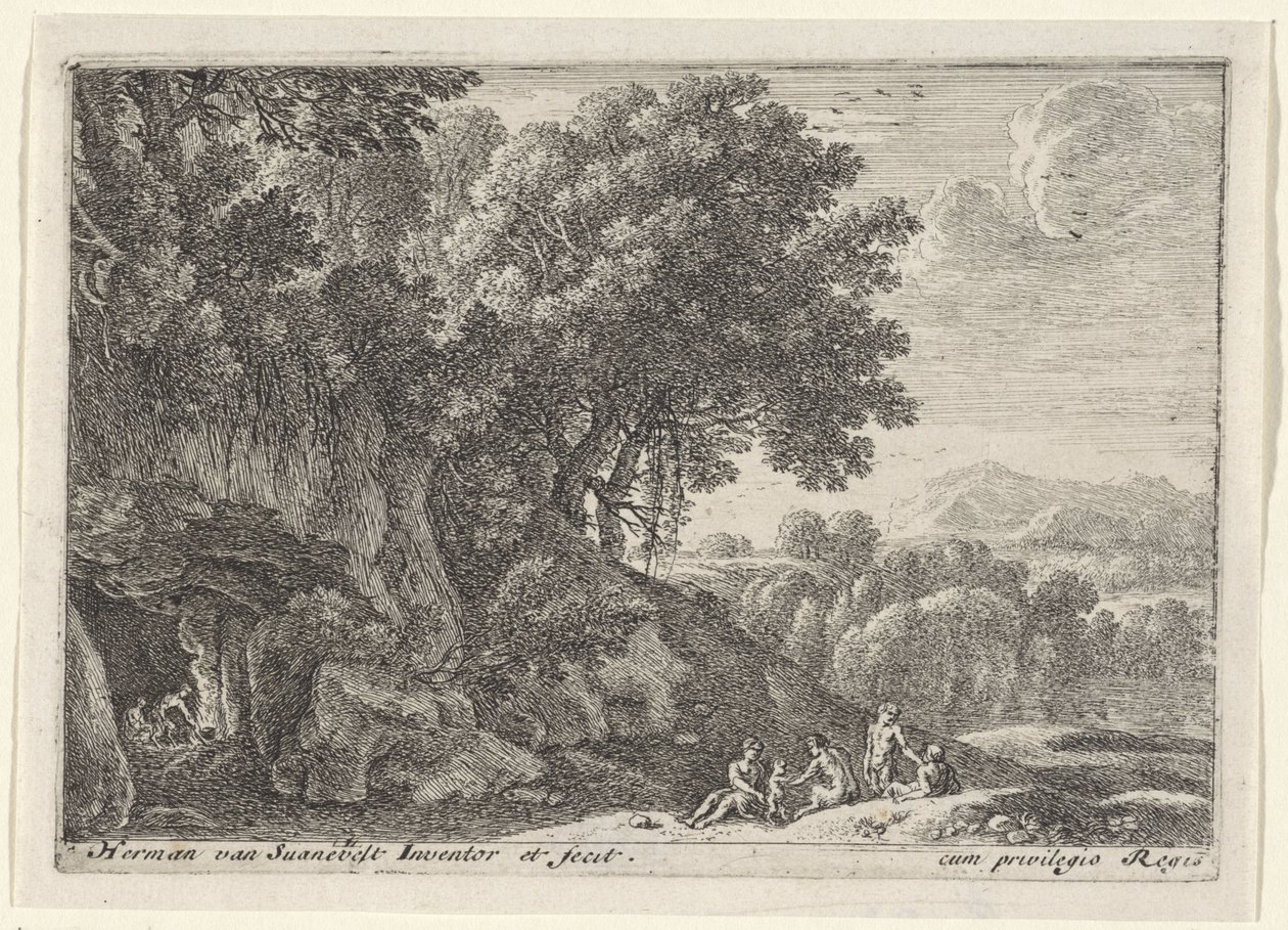 Satiri intorno al fuoco in una grotta (Landschappen met saters) da Herman van Swanevelt