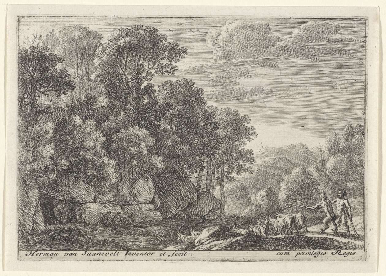 Due satiri con un gregge di capre (Landschappen met saters) da Herman van Swanevelt