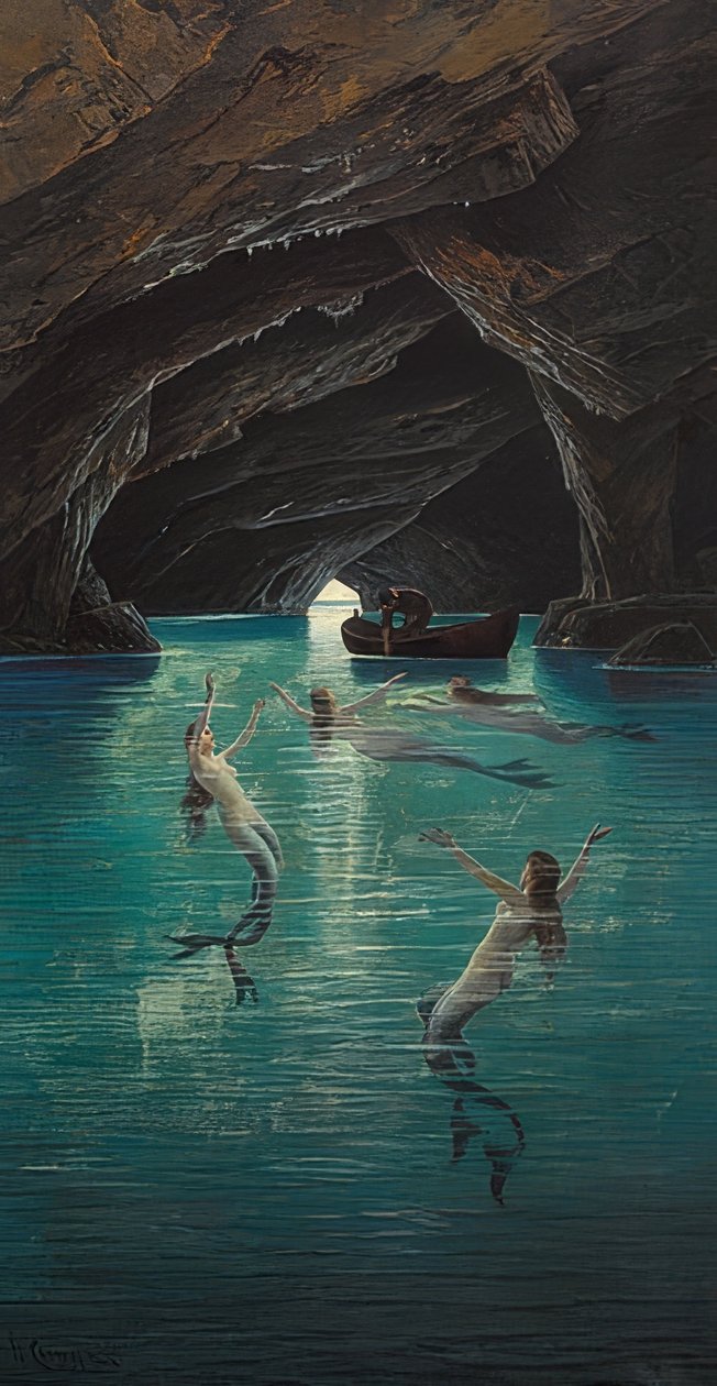 Un pescatore e sirene nella Grotta Azzurra a Capri da Hermann David Salomon Corrodi