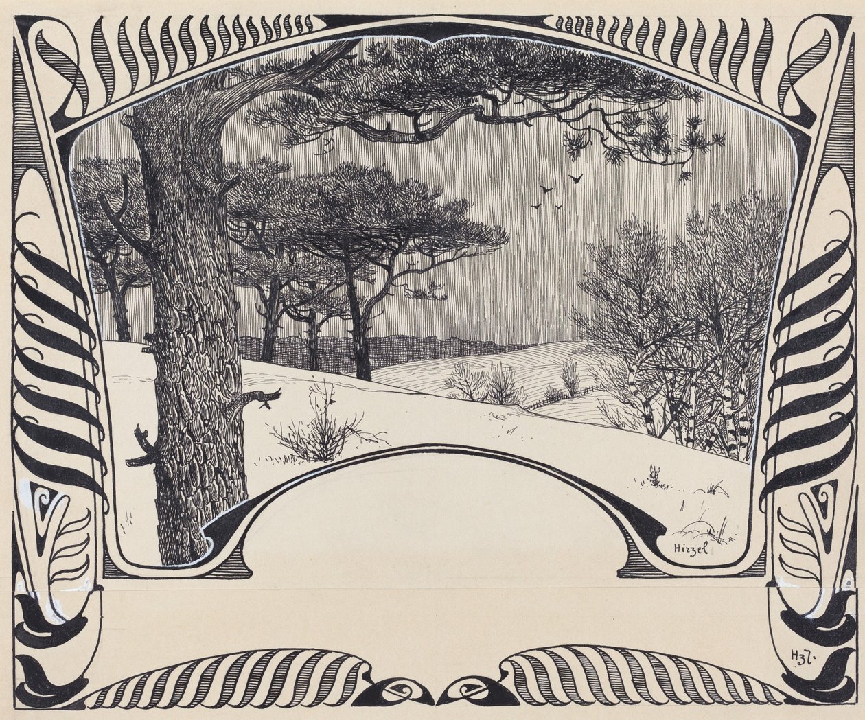 Paesaggio invernale con bordo Jugendstil da Hermann Hirzel