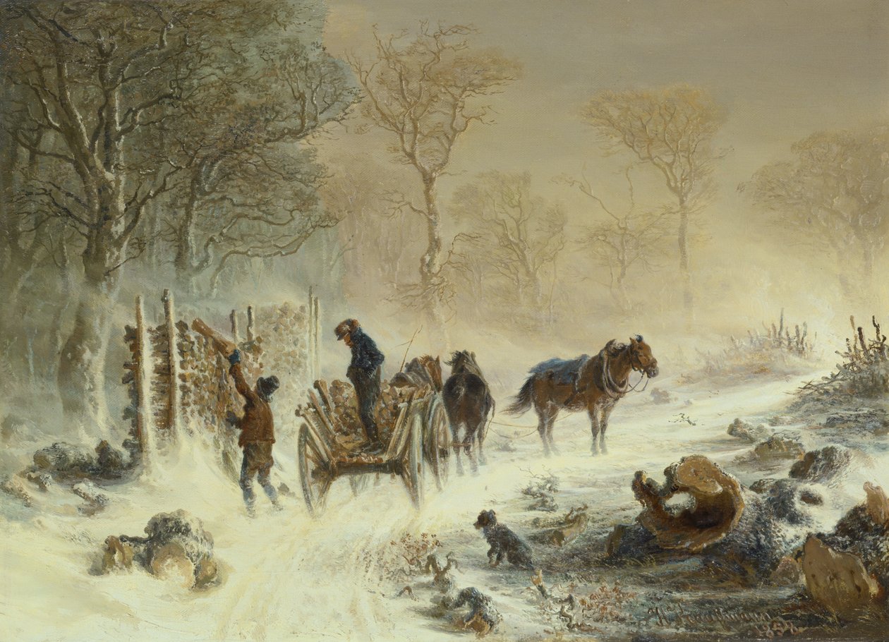 Caricamento del legno nella neve, 1858 da Hermann Kauffmann