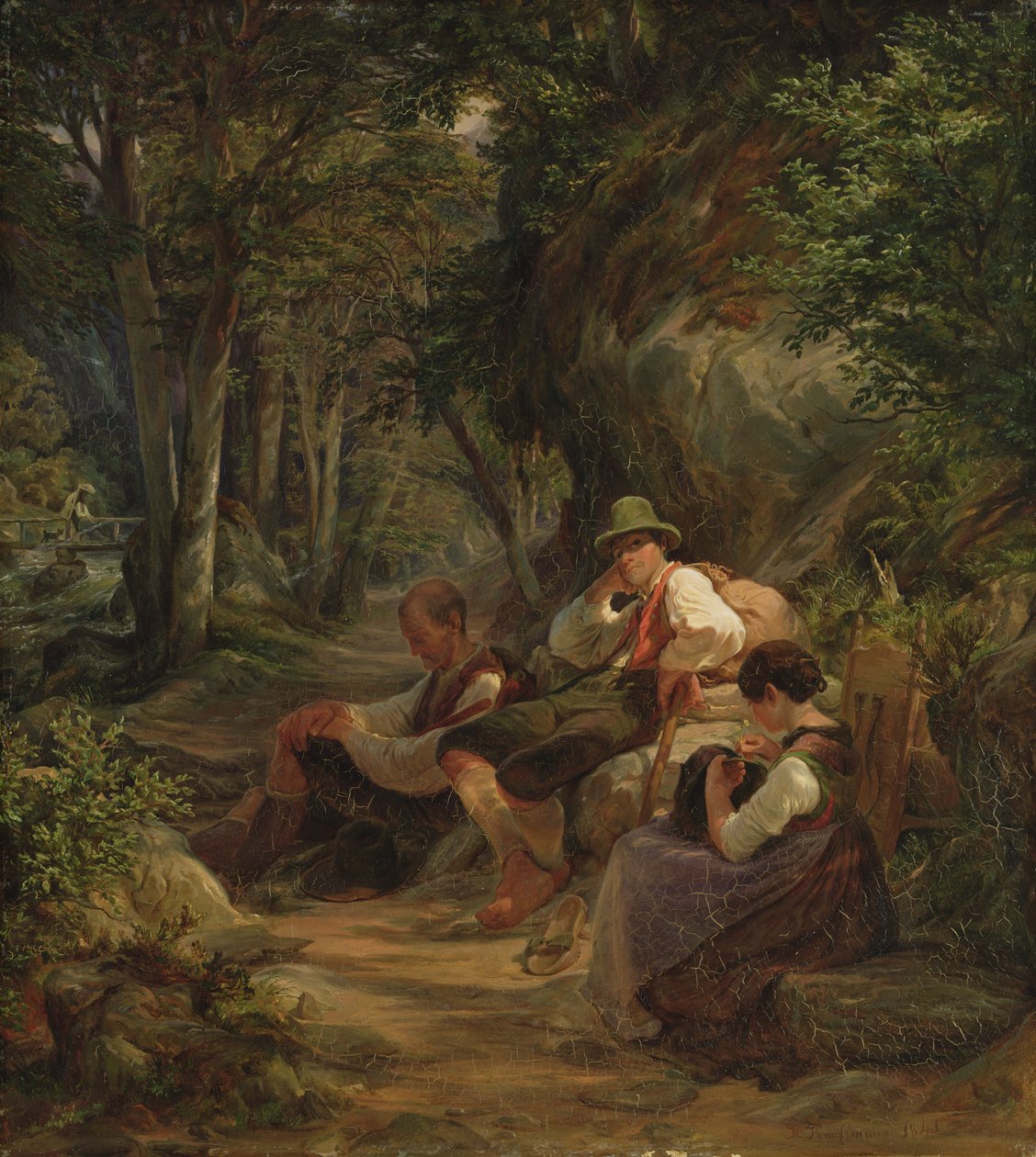 Tre bavaresi superiori che riposano su un sentiero alpino, 1841 da Hermann Kauffmann