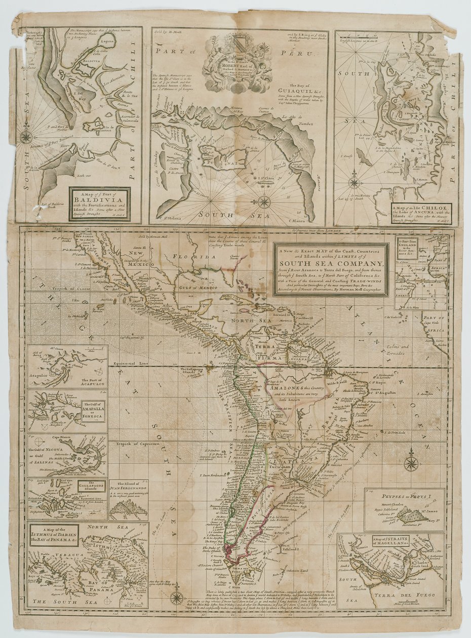 Una nuova e precisa mappa delle coste, dei paesi e delle isole entro i limiti della South Sea Company da Hermann Moll