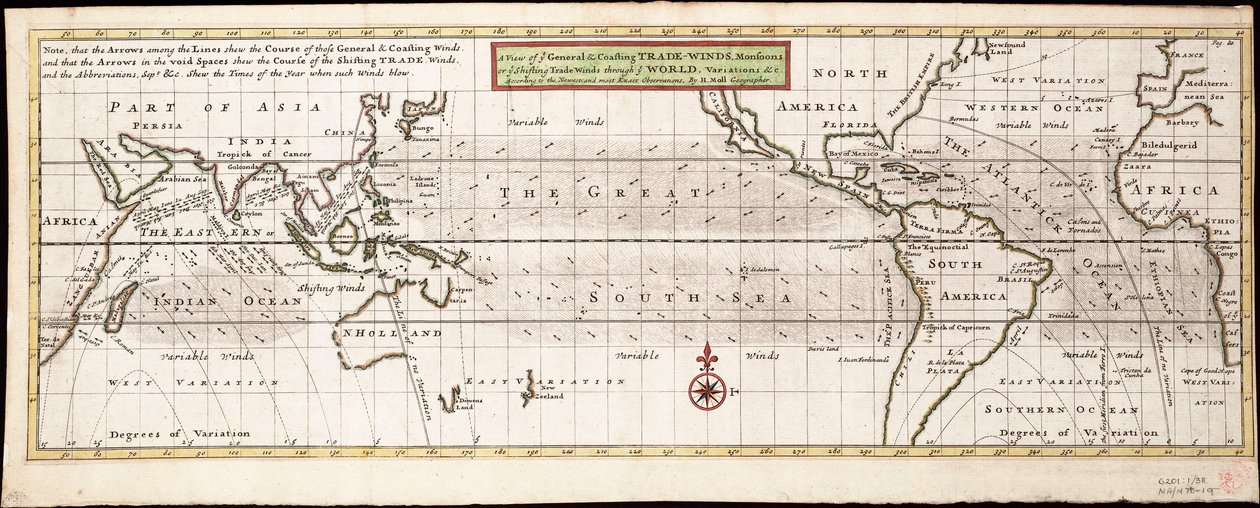 Vista dei venti generali e costieri, monsoni o venti commerciali variabili nel mondo, variazioni... secondo le osservazioni più recenti e precise, c.1715 da Hermann Moll