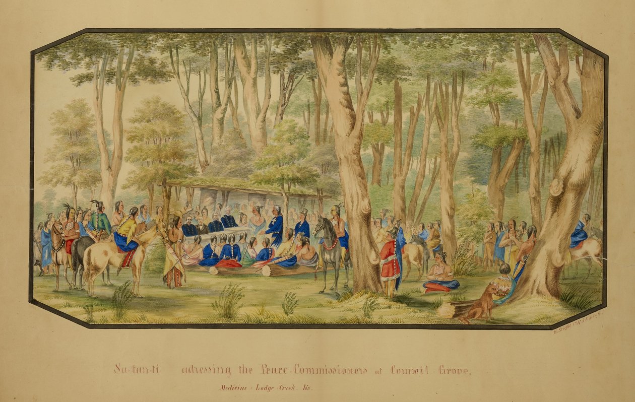 Sa-tan-ti si rivolge ai commissari di pace a Council Grove, Medicine Lodge Creek da Hermann Stieffel