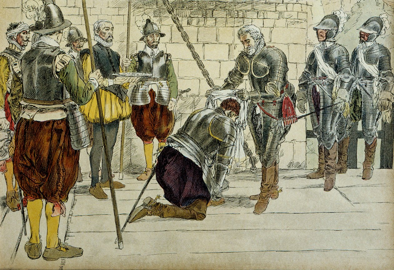 Carlo II di Cossé Brissac, fatto maresciallo di Francia da Enrico IV prima di entrare a Parigi il 22 marzo 1594. Il prevosto dei mercanti Jean Lhuillier (?) in piedi accanto tiene le chiavi della città. Illustrazione del 1907 da Hermann Vogel