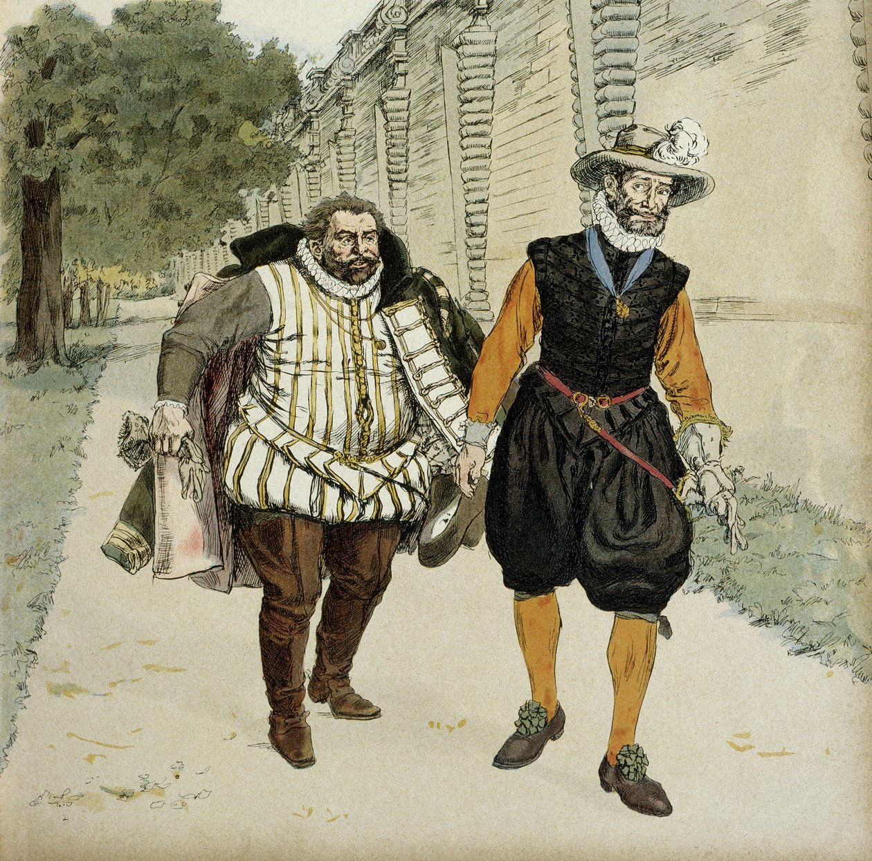 Enrico IV (1553-1610) e Carlo di Lorena, Duca di Mayenne (1554-1611). Primo incontro di riconciliazione tra i due nemici, Mayenne, capo dei legisti e il re, nei giardini del Castello di Montceaux, nella Brie, nel 1596. Illustrazione da Hermann Vogel