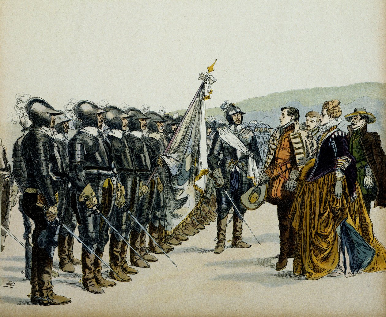 Giovanna III di Navarra e suo figlio Enrico IV davanti alle sue truppe protestanti. Illustrazione di Hermann Vogel in 