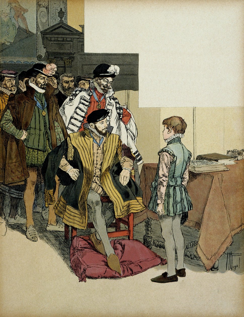 Il Re di Francia Enrico II (1519-1559) circondato dai suoi gentiluomini ama interrogare Enrico IV (1553-1610) da bambino per le sue risposte. Illustrazione di Hermann Vogel (1856-1918) in 
