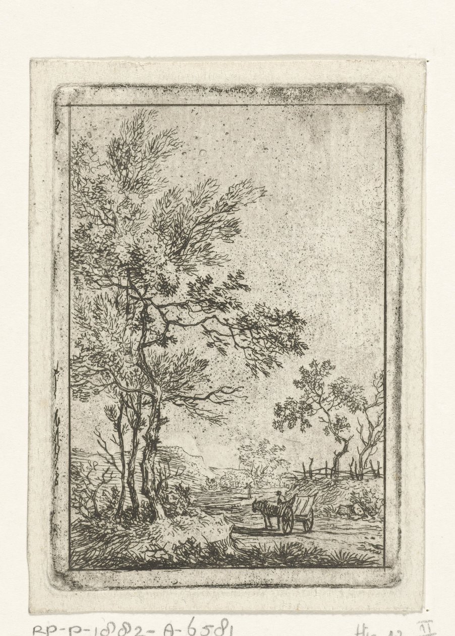 Paesaggio con alberi alti e cavallo con carro da Hermanus Fock