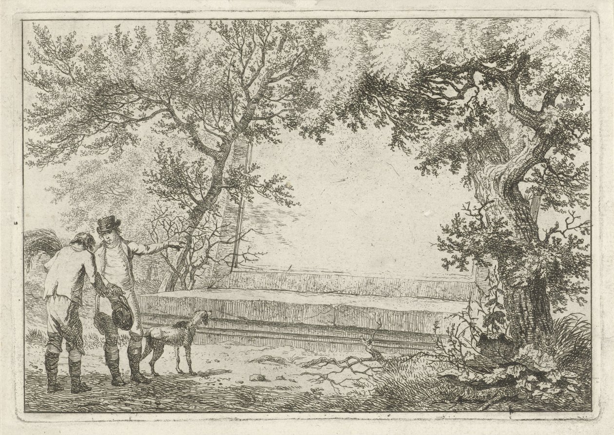 Due uomini vicino a una cartouche di pietra da Hermanus Fock