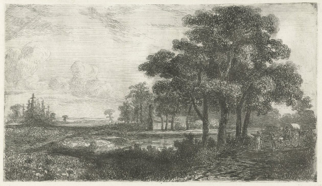Paesaggio boscoso con carro coperto da Hermanus Jan Hendrik van Rijkelijkhuysen