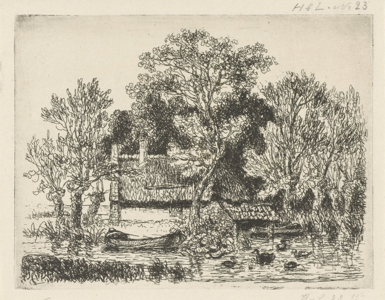 Paesaggio fluviale con una barca e anatre da Hermanus Jan Hendrik van Rijkelijkhuysen