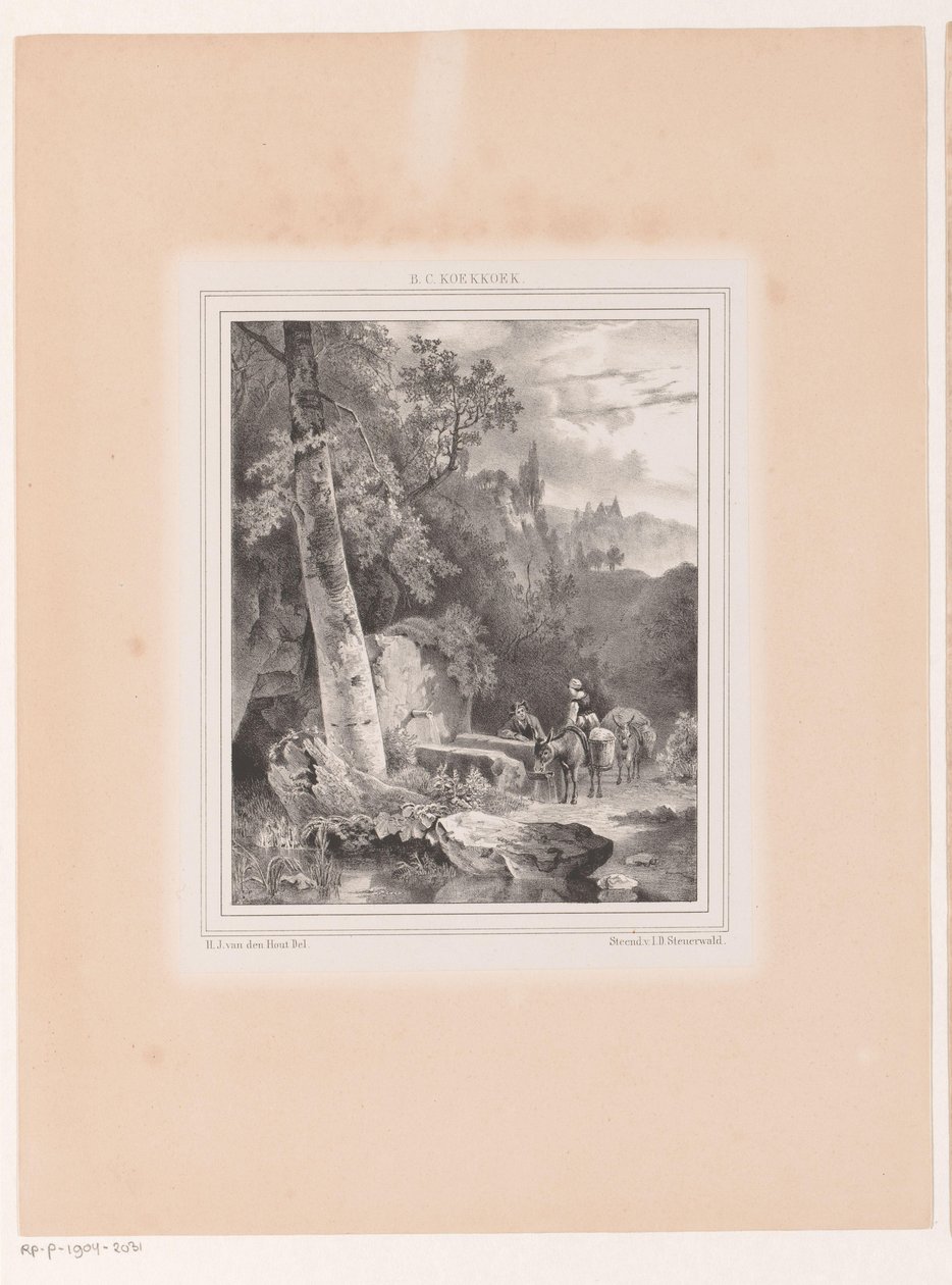 Paesaggio con uomo, donna e due asini presso una fonte da Hermanus Johannes van den Hout