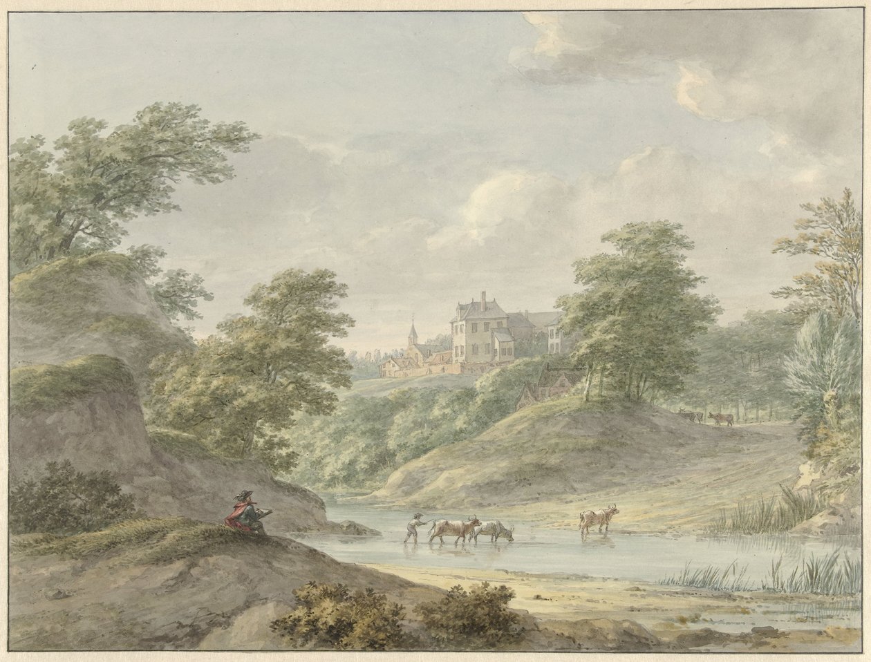 Paesaggio con disegnatore seduto e castello sull