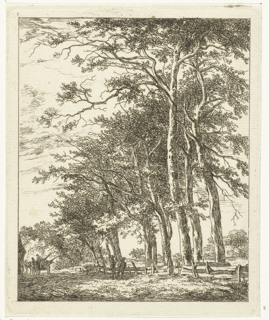Due figure in piedi vicino ad alberi alti da Hermanus van Brussel