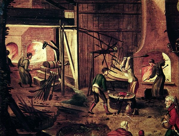 Paesaggio con fucina da Herri met de Bles