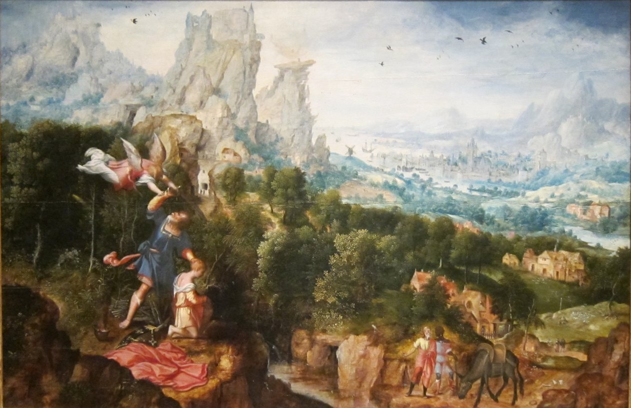 Quando Abramo alza la mano per uccidere Isacco, un angelo trattiene la mano di Abramo (Genesi 22:10). da Herri met de Bles