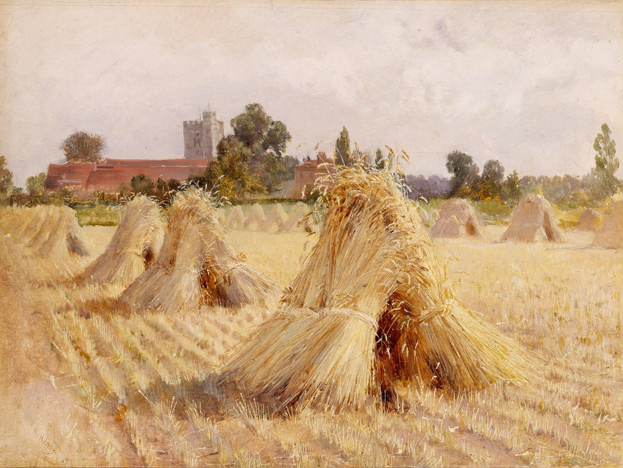 Covoni di grano presso la chiesa di Bray, 1872 da Heywood Hardy