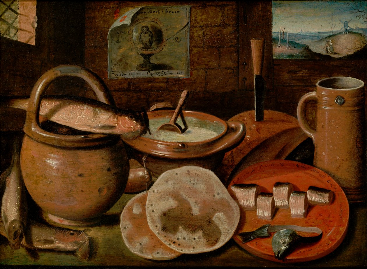 Olandese: Natura morta con vasellame, aringhe e frittelle; a destra una veduta di una coppia in un paesaggio con forca e mulino Natura morta con un pasto per poveri a base di porridge, formaggio, aringhe e frittelle da Hieronymous Francken II