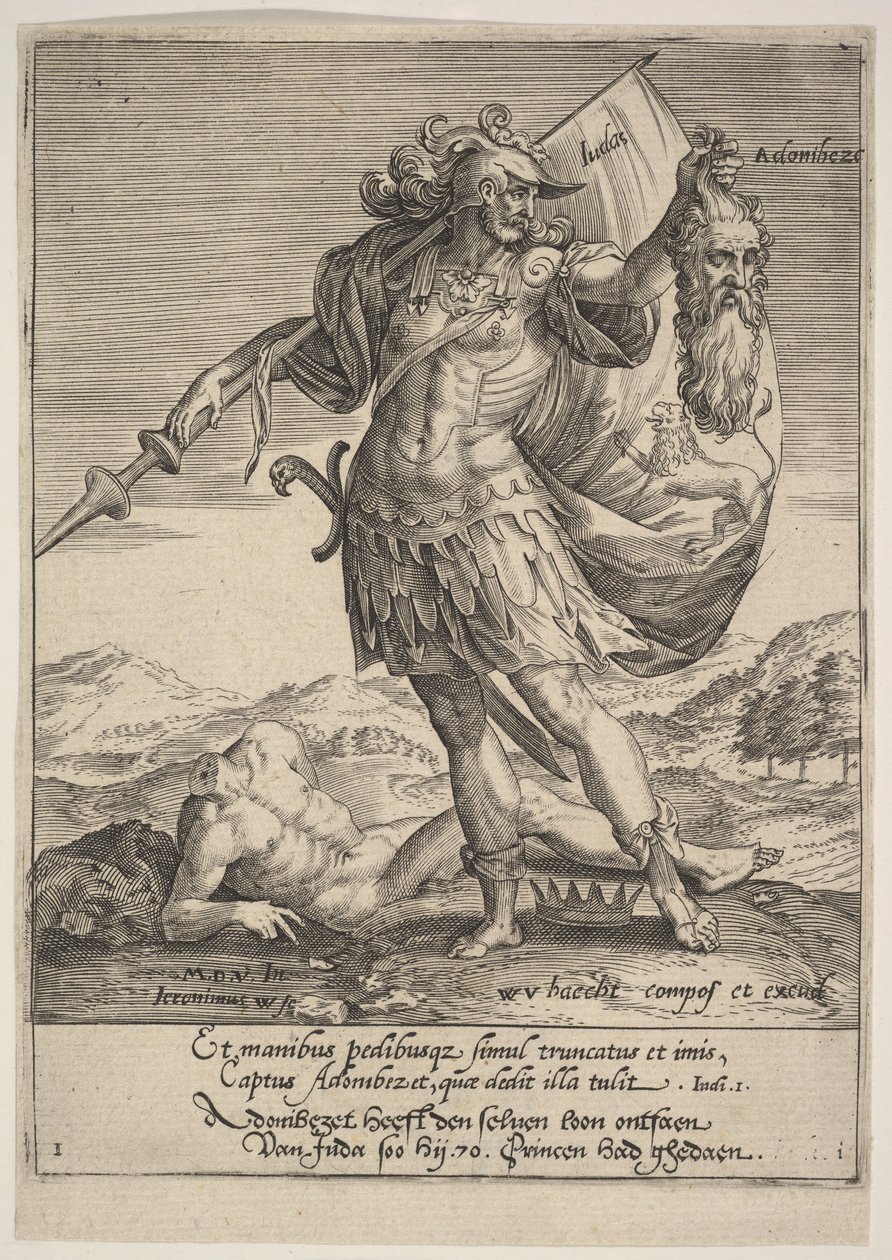 Giuda con la testa di Adonibezek, da Willem van Haecht, Tyrannorum proemia, 1578 da Hieronymous Wierix