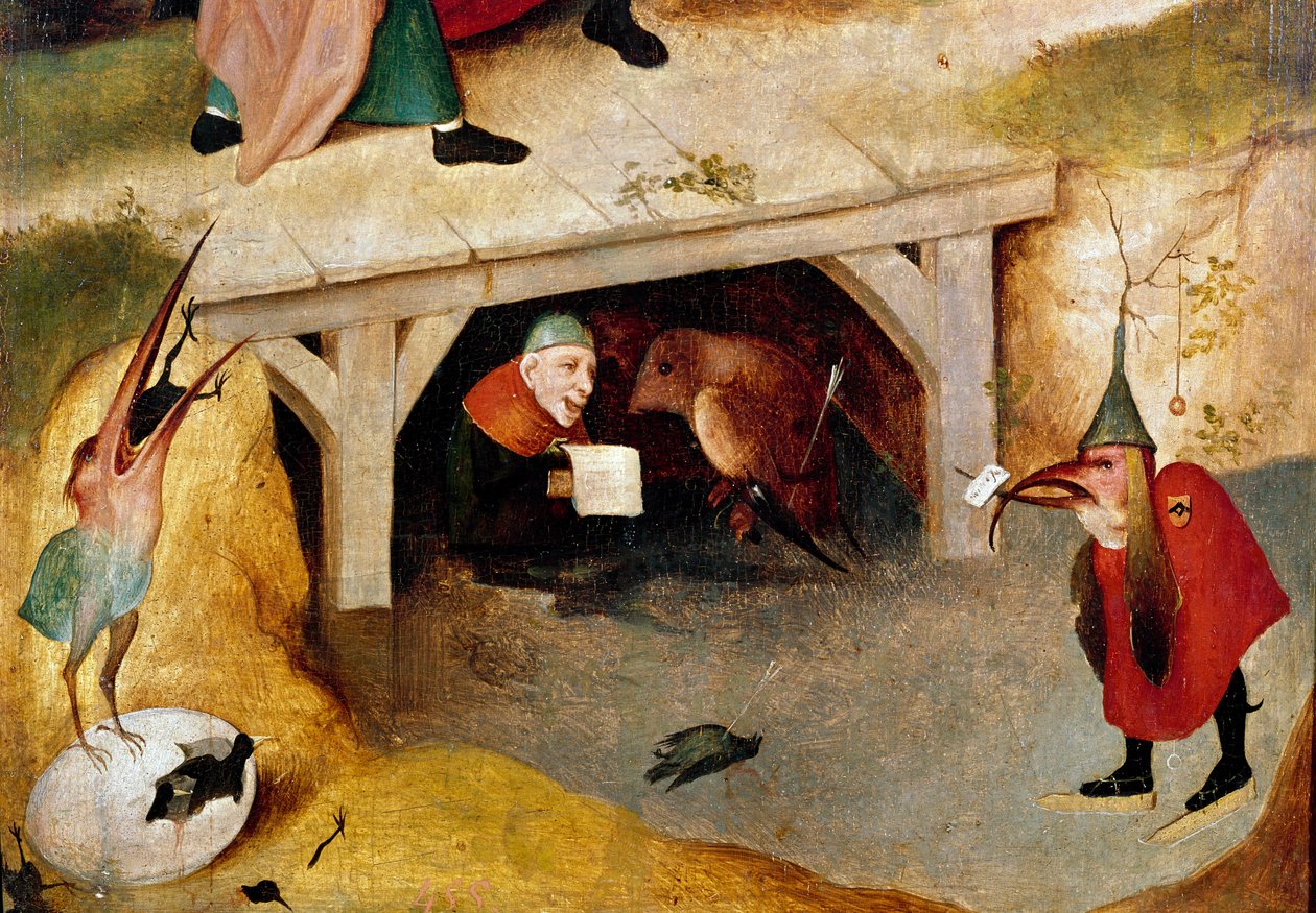 Trittico delle tentazioni, dettaglio. Lato sinistro: la fuga e la caduta di Sant
