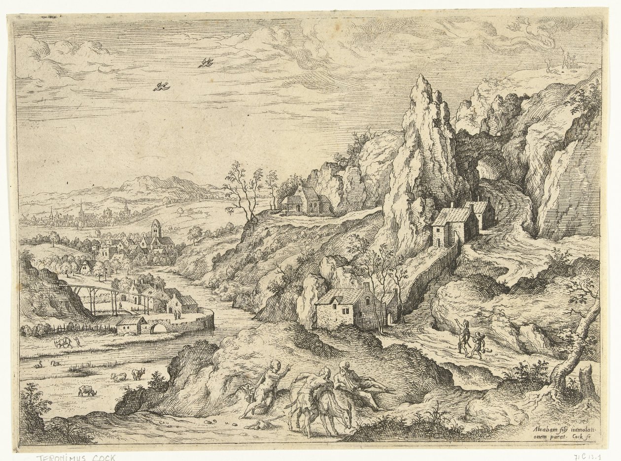 Abramo e Isacco in cammino verso il luogo del sacrificio (serie: Paesaggi con scene bibliche e mitologiche) da Hieronymus Cock