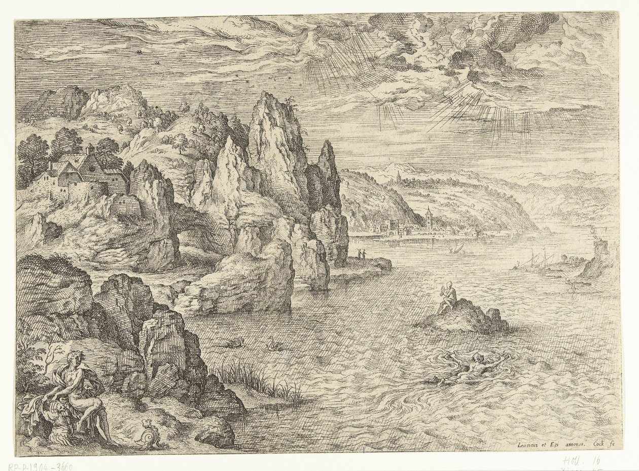 Paesaggio costiero con Eroe e Leandro da Hieronymus Cock
