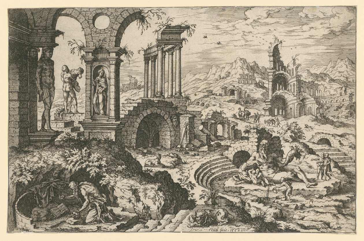 San Girolamo in un paesaggio di rovine da Hieronymus Cock