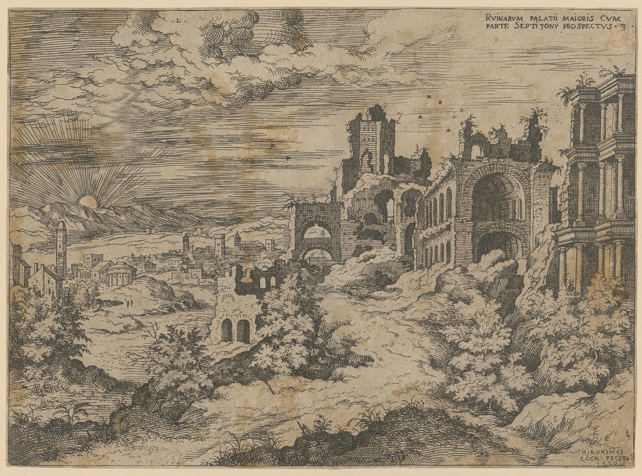 Rovine del Palatino con panorama paesaggistico, foglio 3 della serie "Praecipua aliquot Romanae Antiquitatis Ruinarum Monimenta [...]" da Hieronymus Cock