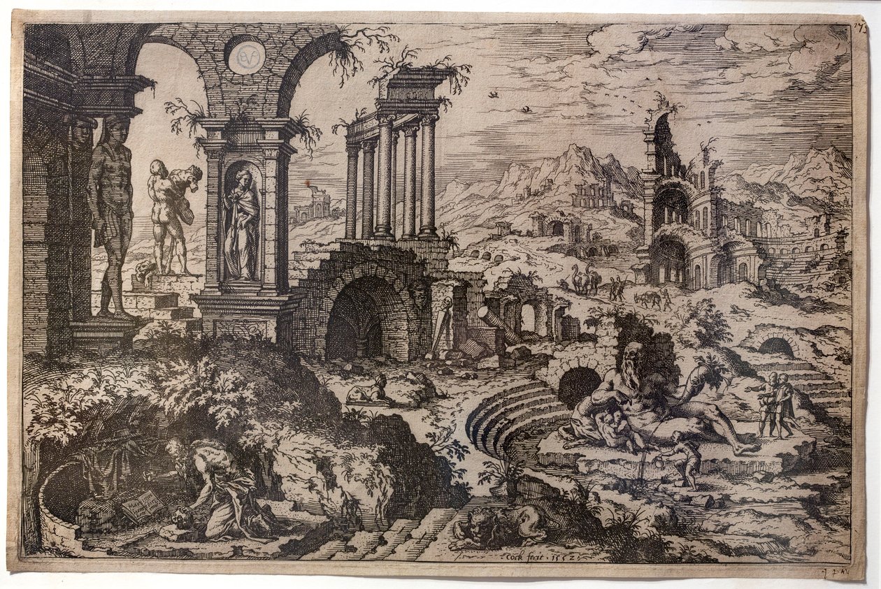 Paesaggio di rovine con il santo penitenziero Girolamo da Hieronymus Cock