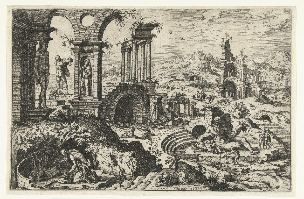 Paesaggio in rovina con San Girolamo penitente da Hieronymus Cock