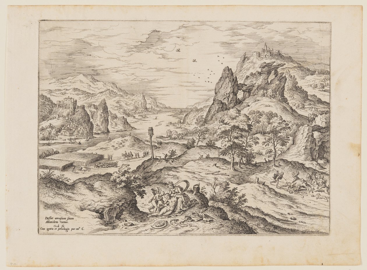 Venere e Adone, da Paesaggi con scene bibliche e mitologiche da Hieronymus Cock