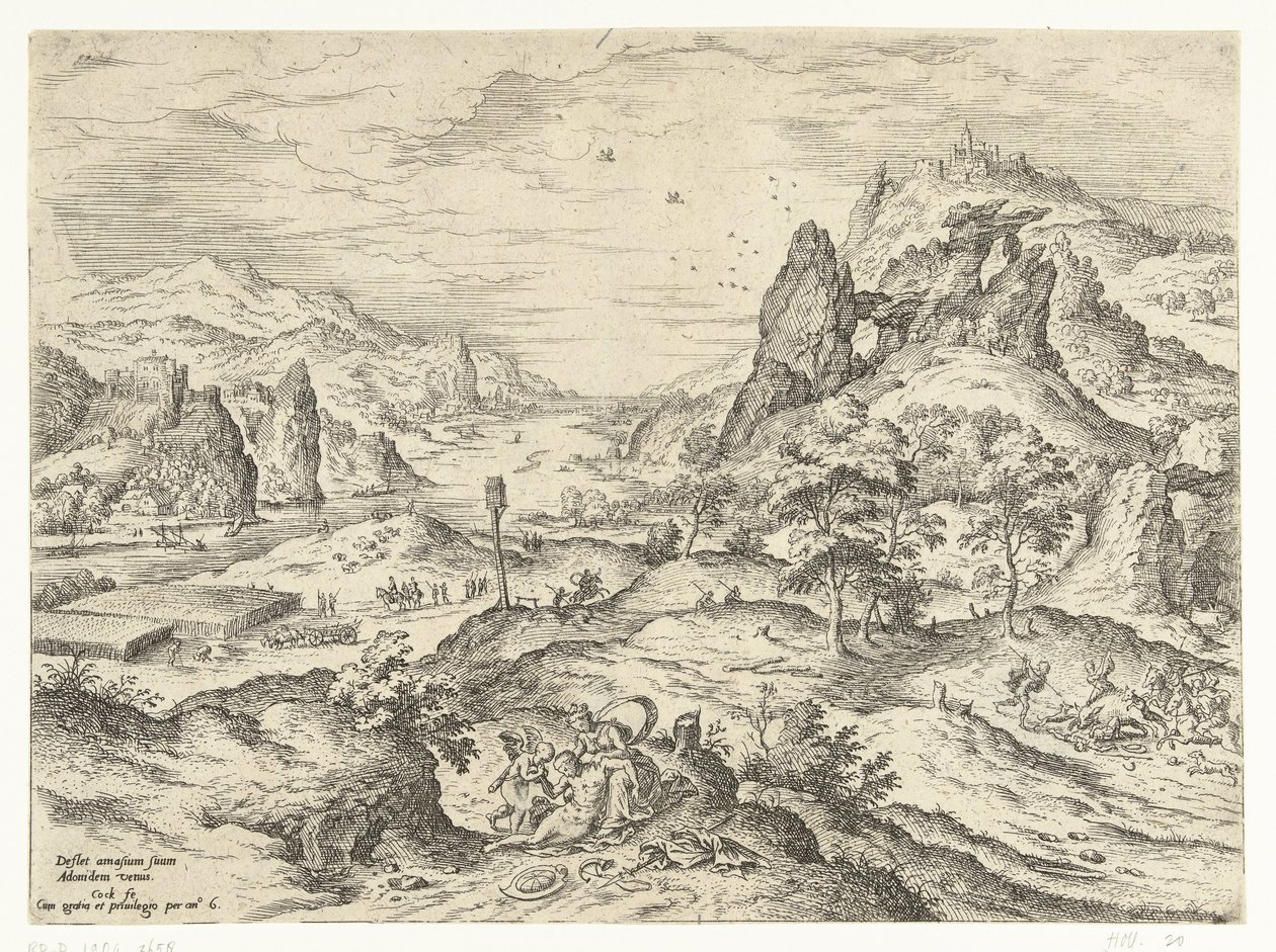 Venere piange la morte di Adone, Paesaggi con scene bibliche e mitologiche (titolo della serie) da Hieronymus Cock