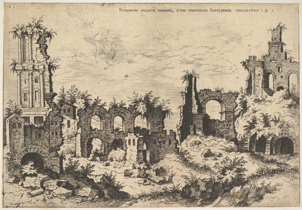 Veduta delle rovine sul Colle Palatino con facciata trabeata a sinistra e arcate al centro, 1550 da Hieronymus Cock