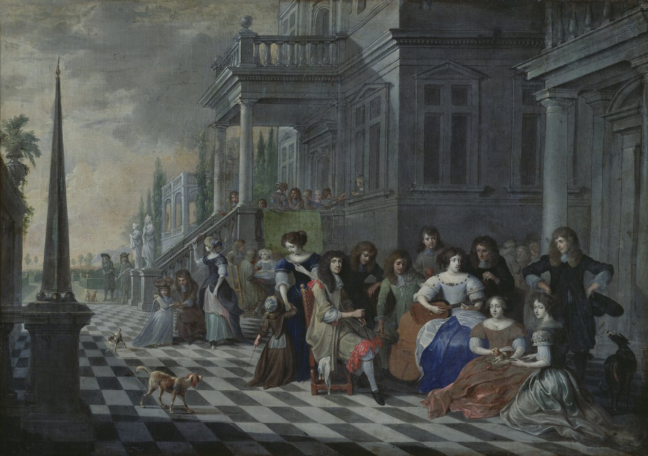 Personaggi che fanno musica davanti a un palazzo, 1672 da Hieronymus Janssens