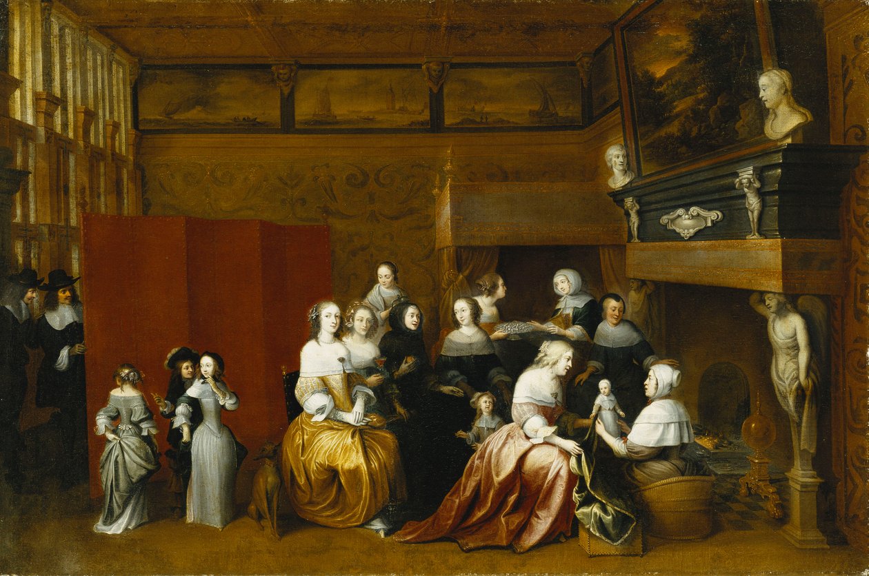 Donne che celebrano la nascita di un bambino e uomini che osservano da dietro uno schermo, in un interno da Hieronymus Janssens