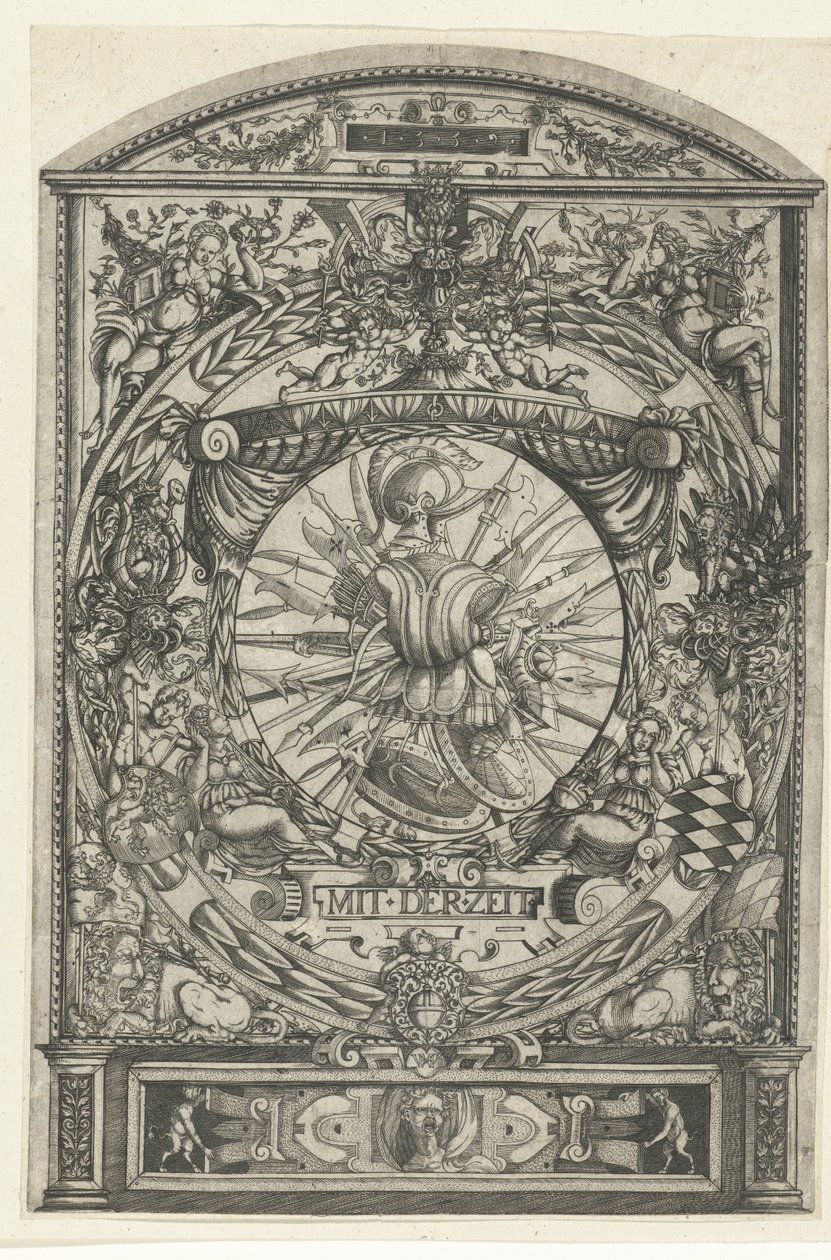 Medaglione con trofeo di armi in cornice ornamentale da Hieronymus Wechinger