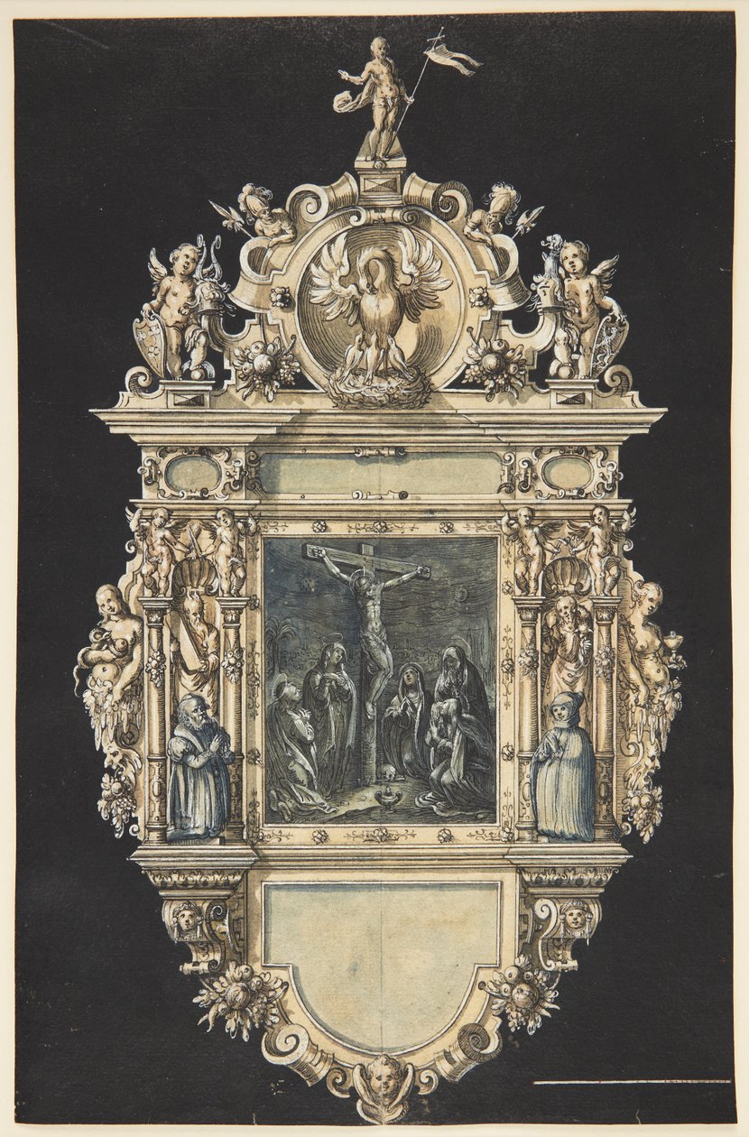 Bozza per un epitafio con la crocifissione di Cristo. Una cornice riccamente ornamentata con numerose figure da Hieronymus Wierix