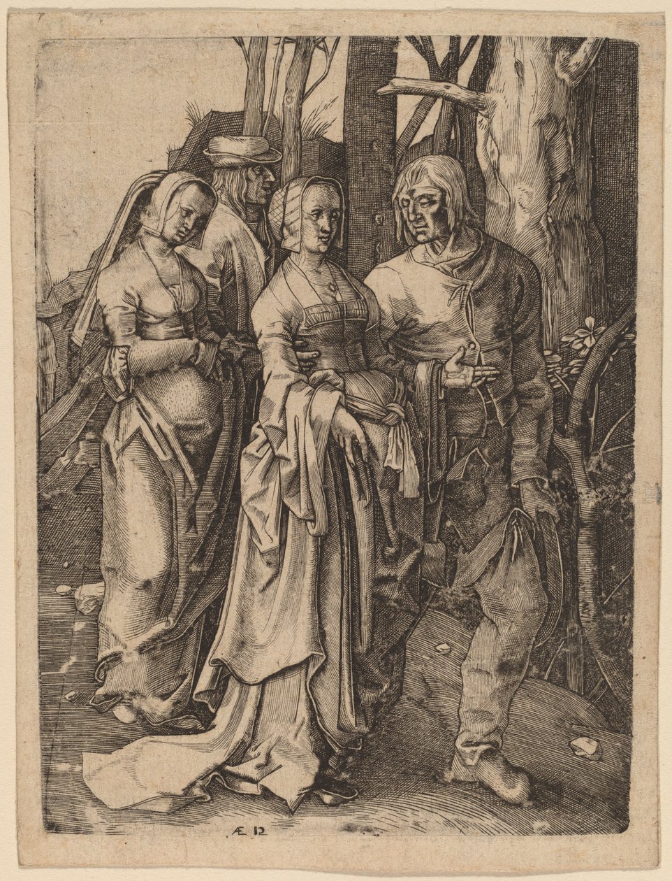 Le due coppie nella foresta da Hieronymus Wierix after Lucas van Leyden