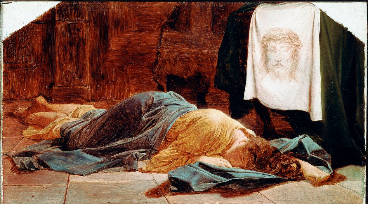 Santa Veronica. La giovane donna è svenuta vicino alla Sacra Sindone. Il Santo Velo rappresenta il volto di Cristo il cui sudore si dice che Veronica abbia asciugato durante la salita al Calvario. Dipinto di Paul Delaroche. XIX secolo. Parigi, Museo del Lo da Paul Delaroche